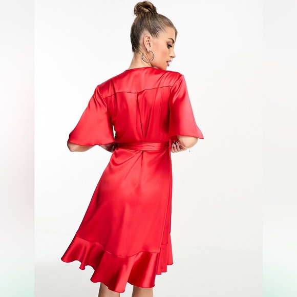 Asos Flounce London Satin Wrap red mini dress, size 10, worn once - Picture 2 of 7